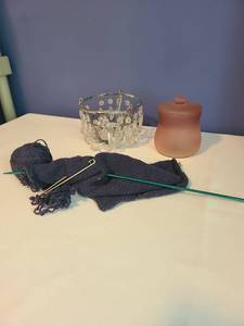 lot 2109 image: Votive chandelier, 14in tall, knitting project, lidded jar