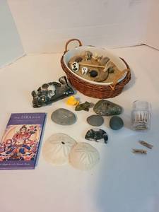lot 2114 image: Miniature beach-themed  zen garden, studio art pottery piece, worry stone, sand dollars, more