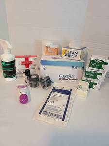 lot 2134 image: Copoly cohesive bandage rolls, 14 black, cotton swabs, alcohol prep pads, wound care, more