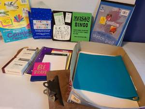lot 2160 image: Sketch pads, music bingo, banner kit, notepads, more.
