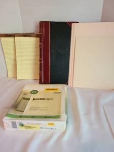 lot 2171 image: Vintage Wilson Jones ledger book, pastel yellow printer paper, legal pads, manilla folders
