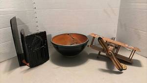 lot 2222 image: Bookends, Bowl and wooden Airplane Model(Wheel needs reattached)