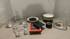 lot 2229 image: Mixed Lot Glassware, TopMade Tracker with Apple Find My, Verizon Wireless Acrylic Piece, Lidded Bowls, Small Boxes