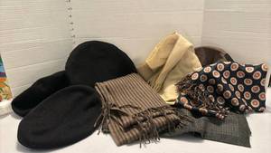 lot 2246 image: Three black berets and Four scarves
