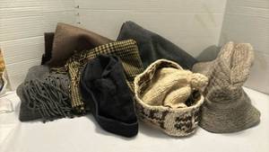 lot 2256 image: Four scarves, a bucket hat, stocking hat, and black skullcap