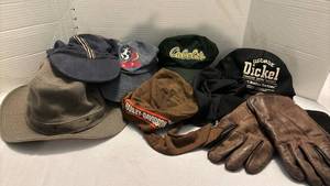 lot 2258 image: Lot of 8 Hats and Gloves. Cabelas, George Dickel, Harley-Davidson, Branded Caps and an ear warmer