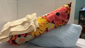 lot 2262 image: Decorative Bolster Pillow and two blankets