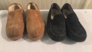 lot 2312 image: UGG 2 Pairs Slippers Black Brown Loafer Moccasin Size 11