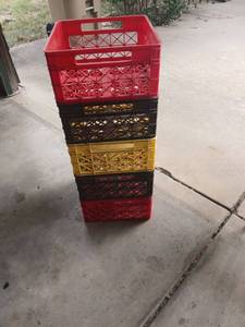 lot 4200 image: Plastic Milk Crate Stack 5 Crates Red Black Yellow 14x14