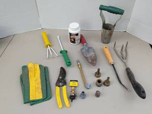 lot 4335 image: Garden Tools Lot Pruners Shears Spade Fork Hose Nozzles Connectors