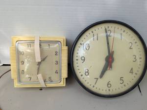 lot 4349 image: Two Vintage Wall Clocks, Yellow Square and Black Round Dial