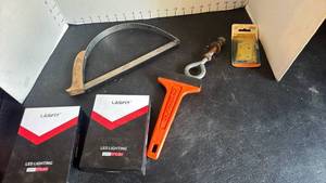 lot 4427 image: LASFIT LED Lighting Hand Tools Lot Hacksaw Adjustable Wrench Hinges