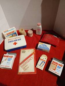 lot 1221 image: Johnson & Johnson First Aid Kit with Band-Aid Bandages and Medical Supplies Lot empty band aid tins