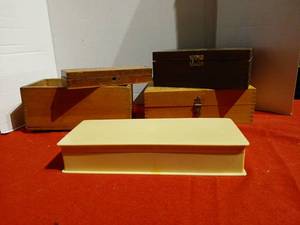 lot 1225 image: Lot of 4 Wooden Storage Boxes and Container  one Celluloid with red velvet