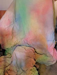 lot 3054 image: Colorful rainbow photo backdrop with rod pocket 9ft w x approx 15ft l. In bag. Located in basement