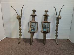 lot 3057 image: 2 Metal Sconces and 2 vintage cast brass angel wall hooks