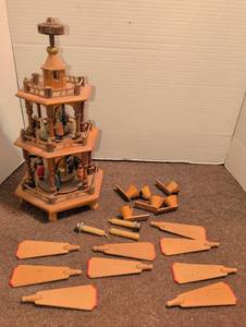 lot 3065 image: Multi-tier Wooden Carousel Christmas pyramid with Figurines. Has burn damage