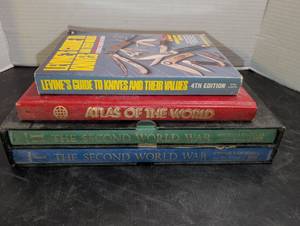 lot 3039 image: Lot of 4 Books Levines Guide to Knives and Their Values, Atlas of the World, The Second World War Volumes
