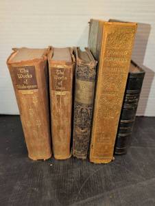 lot 3041 image: Lot of 5 antique Books The Works of Shakespeare and more in poor condition