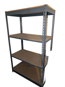 lot 3121 image: 5ftx3ftx18 in Wood and metal shelf in basement. Come towards end of load out. Shelf is in use.