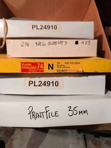 lot 3142 image: Slide and film negative sleeves. All boxes contain sleeves as labeled