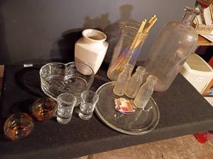 lot 3325 image: Various Bottles and Vases.  Ovaltine Mixer, Edison Battery Oil Jars, Vases, Candle Holder and More