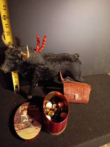 lot 3328 image: Bull, Tin of Marbles and Small Leather Pouch