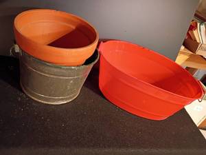lot 3339 image: Terra Cotta Plant Pot and 2 Buckets. Red bucket is plastic