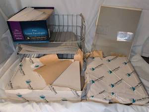 lot 3430 image: Envelopes, large amounts of card stock, and letter organizer