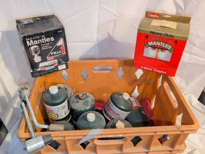 lot 3442 image: Tub of empty propane tanks and lantern mantles