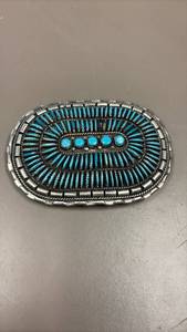 Zuni pettipoint sterling belt buckle, missing a few pieces