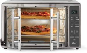 lot 306 image: $200 Oster Extra Large 42L French Door Countertop Toaster Oven, 10-in-1 Air Fryer Oven, with Air Fry Rack, Wire Rack, Baking Pan and Crumb Tray, Stainless Steel