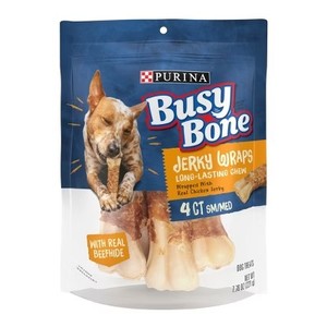 lot 9021 image: Purina Busy Grain Free SmallMedium Breed Dog Jerky Rawhide Treats Jerky Wraps Beefhide & Chicken Dog Treats - 4ct Pouch BB SEP 2025