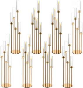 lot 251693 image: Retails for $150 42.5in Gold Candelabra Centerpieces for Tables Candlestick Holders Decor Wedding Centerpiece Table Decorations 5 arm Candle Holder Set of 8 Acrylic lampshade Fit 0.9 LED Candle