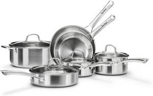 lot 351883 image: Retails for $130 Stainless Steel Cookware Set,Tir-Ply Pots and Pans Set,10 Pcs Stainless Steel Induction Kitchen Cookware Sets,PFOA Free, Frying Pans,Saucepans,Saute Pan & Stock Pot,Compatible with All Cooktops