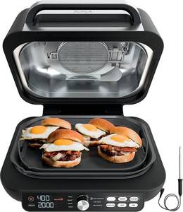 lot 251691 image: Retails for $297 Ninja IG651 Foodi Smart XL Pro 7-in-1 Indoor GrillGriddle Combo, use Opened or Closed, Air Fry, Dehydrate & More, Pro Power Grate, Flat Top, Crisper, Smart Thermometer, Black