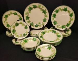 lot 2 image: Vintage Franciscan Pottery Ivy Pattern Dinnerware - 28Pcs - Complete Place Setting for 4 - Includes 4 of Each Dinner Plate, Luncheon Plate, Salad Plate, Bread & Butter Plate, Soup Bowl, Cereal Bowl, and BerryDessert Bowl - All with Bottom Stamp