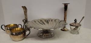 lot 4 image: Vintage Silver Plate Serving & Decor Pieces 2 Bud Vases, Pedestal Fruit Bowl, Lidded Jelly Jar, and Cream & Sugar Set