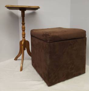 lot 5 image: Small Wood Side Table 12in W X 12in L x 23in T and Cushioned Storage Stool 15in W x 15in L X 15in T