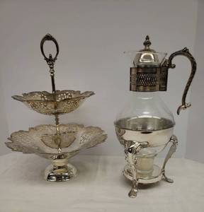 lot 6 image: Vintage Silver Plate Servers 2 Tier Pierced FruitBisquit Caddy & CoffeeTea Warmer with Class Caraffe