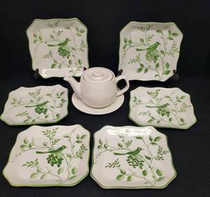 lot 9 image: 6 Vintage Hand Painted Garden Sparrow Dessert Plates 6.5in x 6.5in, and Porcelain Tea for 1 Tea Pot & Underplate