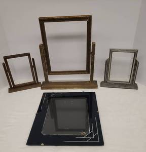 lot 13 image: 3 Vintage Painted Wood Swivel Easel Photo Frames - Larges is 11.5in W x 13in T x 2.5in D, and 1930s Glass 8in x 10in Photo Frame - BlackSilver Art Deco Design