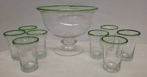 lot 15 image: Vintage Blown Glass Cordial Glasses & Matching Pedestal Bowl Set - Clear with Green Banding Rims - Bowl is 7.5in T x 9in W