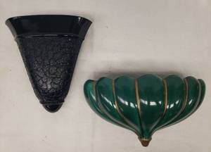 lot 16 image: Vintage 1950s Ebony Glass Fan Design Wall Pocket Vase - 5.5in W x 6in T x 2.25in D, and GreenGold Glazed Ceramic Wall Pocket Planter - 7.5in W x 4.5in T x 3in D