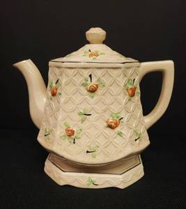 lot 17 image: Vintage Hand Painted Ceramic Teapot with Matching Trivit - Rose Floral with Black Trim - 8in T x 9in W x 6in D - Bottom Stamp