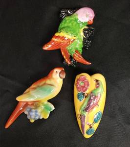 lot 18 image: 3 Vintage 1940s-1950s Hand Painted Ceramic Parrot Wall Pocket Vases - 2 with Back Stamps - Largest is 7.5in T x 4.5in W