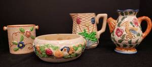 lot 19 image: Vintage Hand Painted CrockeryEarthenware Low Planter with Fruit Design - 6in W, Small Pitcher with PelicanFlorals Made in Occupied Japan - 5in T, Basketweave Milk Pitcher with Tulip Design - 5in T, and Floral Sugar Cube Caddy - 3.5in T