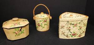 lot 20 image: Vintage Hand Painted CrockeryEarthenware - Basketweave & Cherry Blossom Design Lidded Sugar Cube Caddy with Bamboo Handle - 6.5in T, Lidded Triangle Biscuit Barrel - 5.25in W x 4.25in T, and Lidded Candy Dish - 5.5in W x 4.5in T
