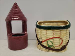 lot 24 image: Vintage Hand PaintedGlazed Ceramic Wall Pocket PlanterVases - CreelFishing Basket 5.5in W x 3.5in D x 4.5in T, and Wishing Well 3.5in W x 2.5in D x 7.75in T