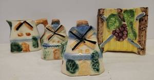 lot 25 image: Vintage Hand Painted CrockeryEarthenware 1940s Majolica Grapevine Design Square Planter 3.75in T x 3.75in W, and Dutch Windmill Creamer witn SaltPepper Set - Stamped Occupied Japan